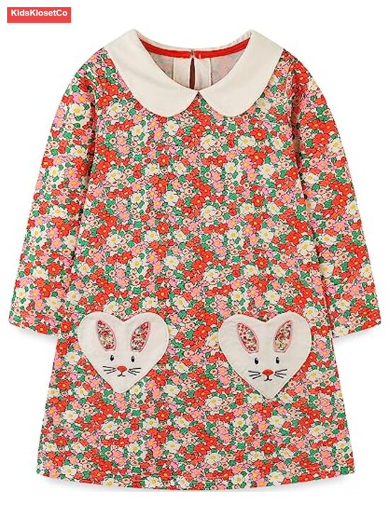 Other - Girl's Long Sleeve Cotton Swing A-Line Dress with Bunny Embroidery 2-13T